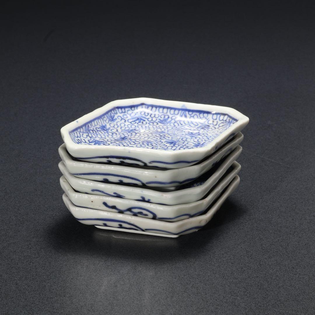 伊万里染付微塵唐草　菱形豆皿５枚　骨董　古伊万里　R1664B3