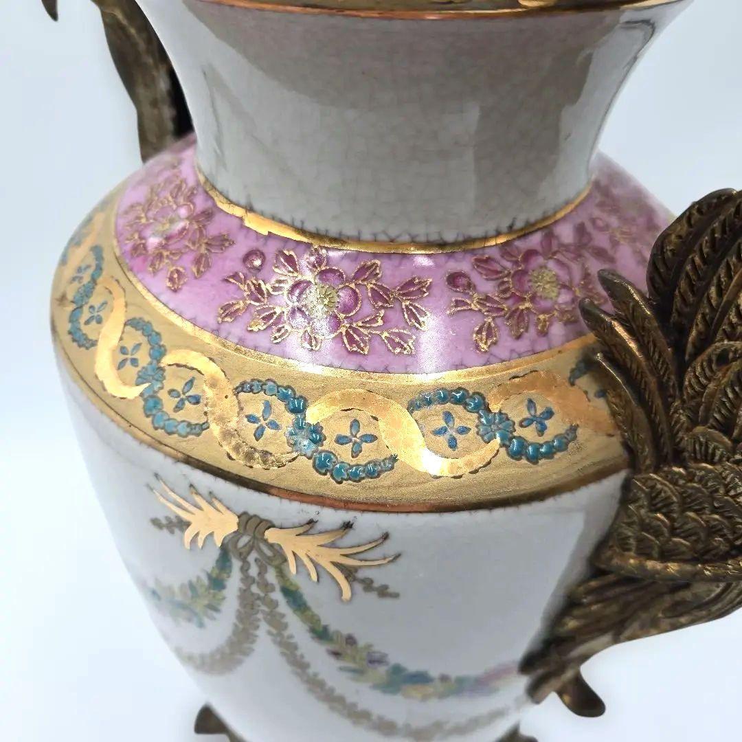 アンティーク 陶器製花瓶 白鳥のハンドル