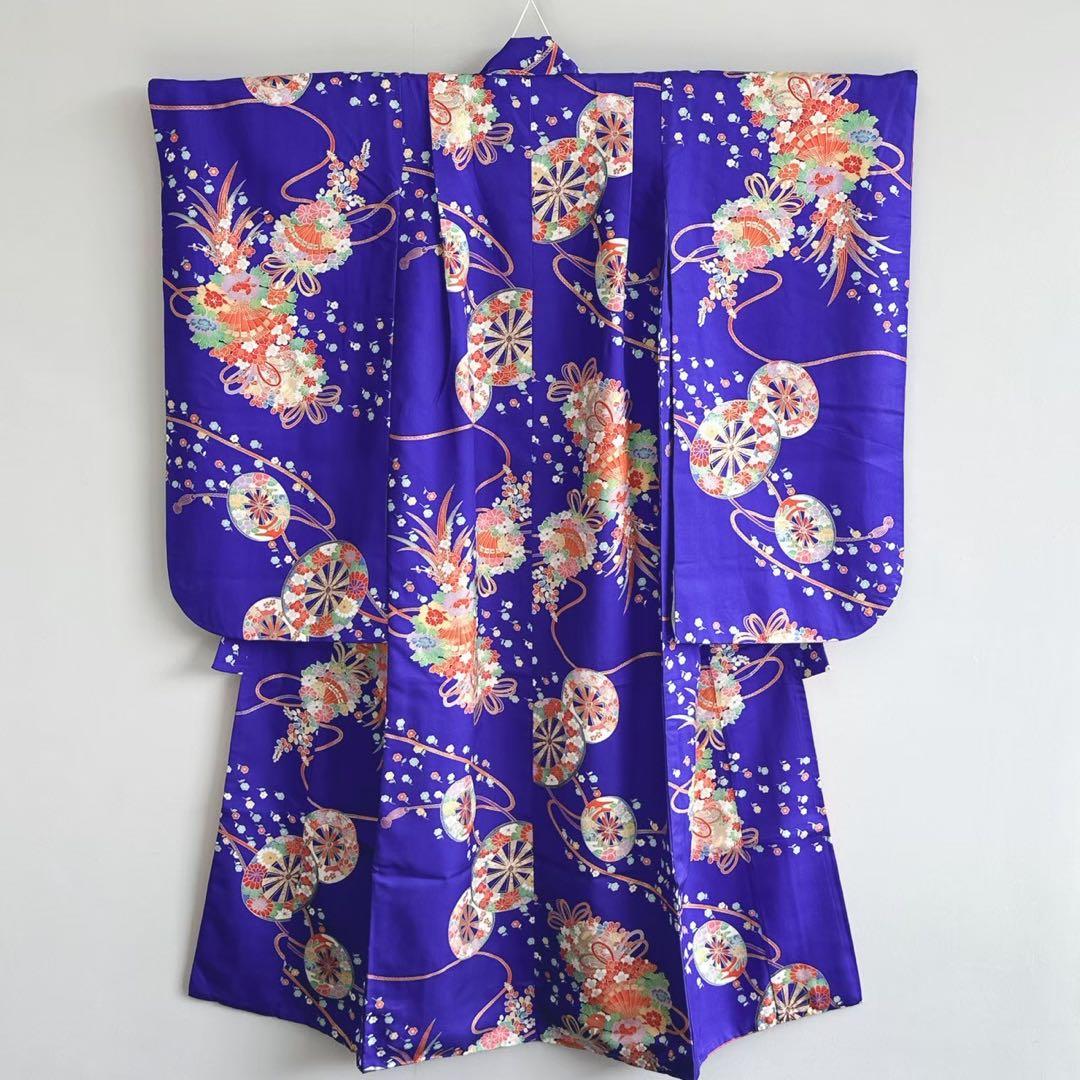 フルセット　七五三　７歳　女の子　青扇源氏車　白地袋帯　簡単半衿　小物　7090