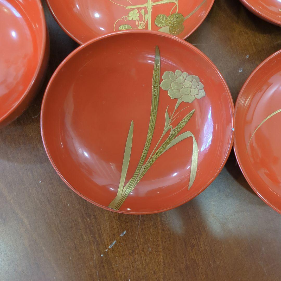 骨董　お椀　木製漆器　蒔絵　図変わり　花尽くし　蓋付き　6客