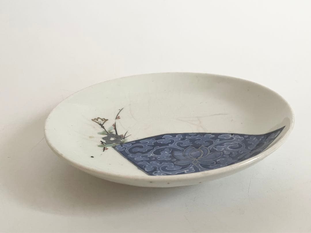 骨董　アンティーク　藍九谷　古九谷金銀彩　蛸唐草扇文　丸皿　五寸皿