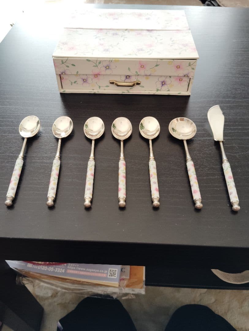 花柄持ち手のスプーンセット 7点　銀製品　箱付き　Martian マーシャン