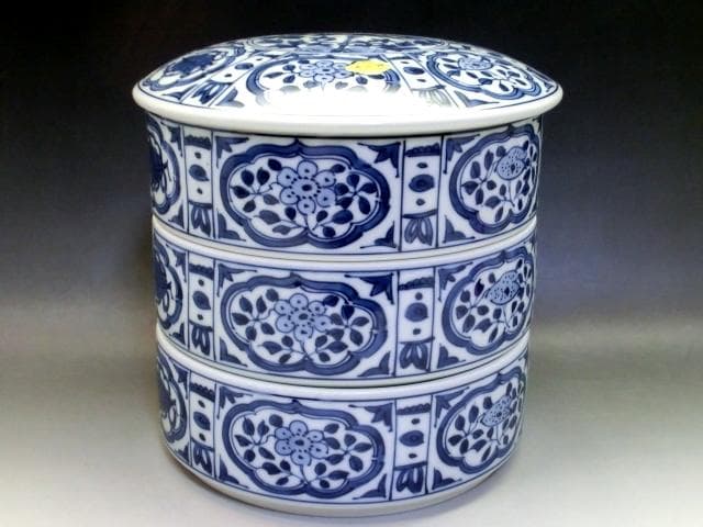 鉢■平安【陶峰造】染付古代紋三段重鉢 手描き 花唐草紋 京焼 清水焼 お重 高級