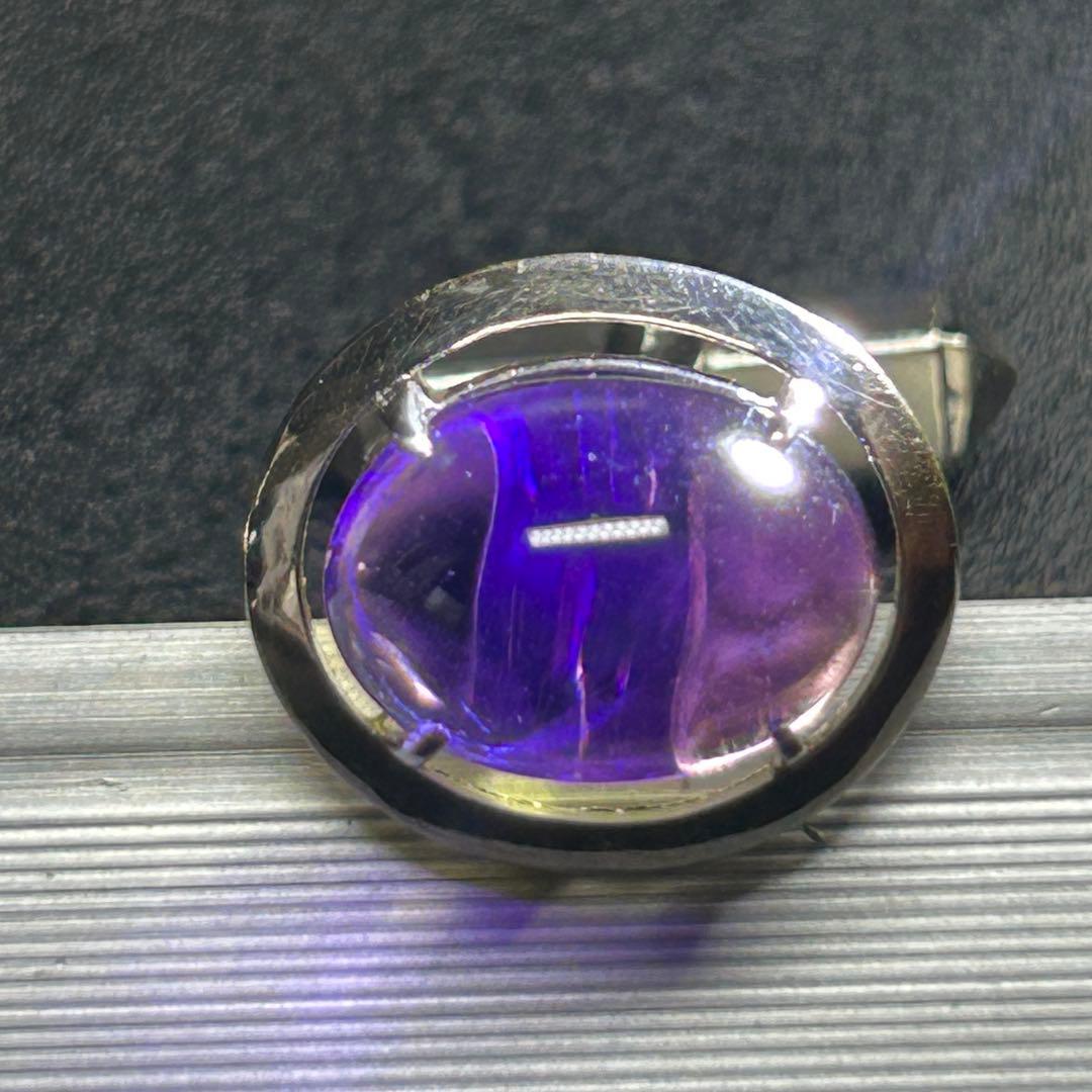 天然石　大粒アメジスト？　14KWG　14金ホワイトゴールド　カフリンクス