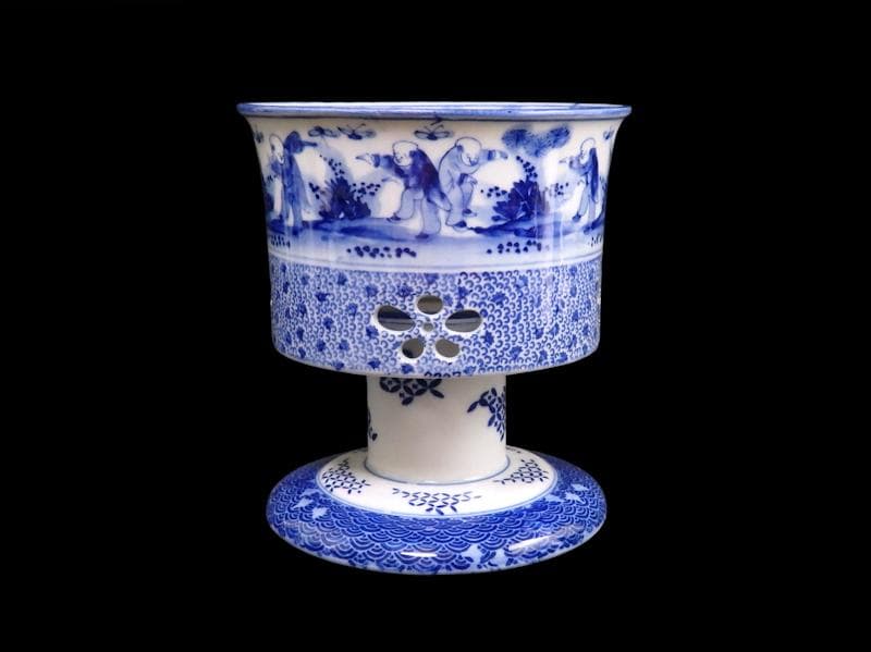 古伊万里　染付　透かし　微塵唐草に唐子　山水紋の図　盃洗　F202ASfbtb