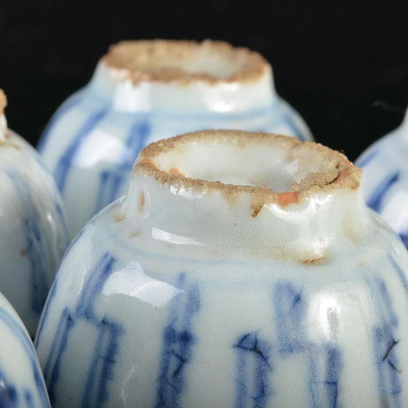 煎茶道具　南京染付　線文　茶杯　ぐい呑　五客　時代箱付　古玩　M R4512