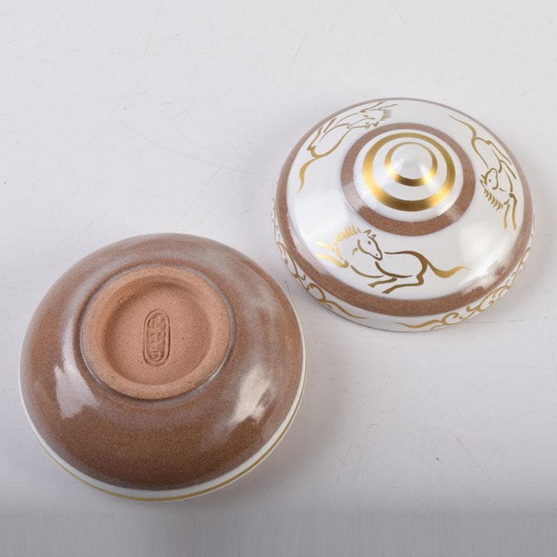 すみれ　京焼　清栄寺窯杉田祥平造　赫土地馬文　宝珠香合　共箱　V　8972