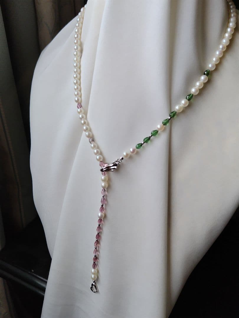 アコヤ真珠ベビーパール、グリーントルマリン、ピンクトルマリン、3WAYネックレス