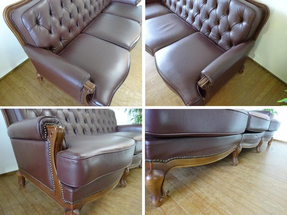 澤村　カリモク　　本革　鋲打ち　猫脚　トリプルソファ　3Pソファ　美品　②