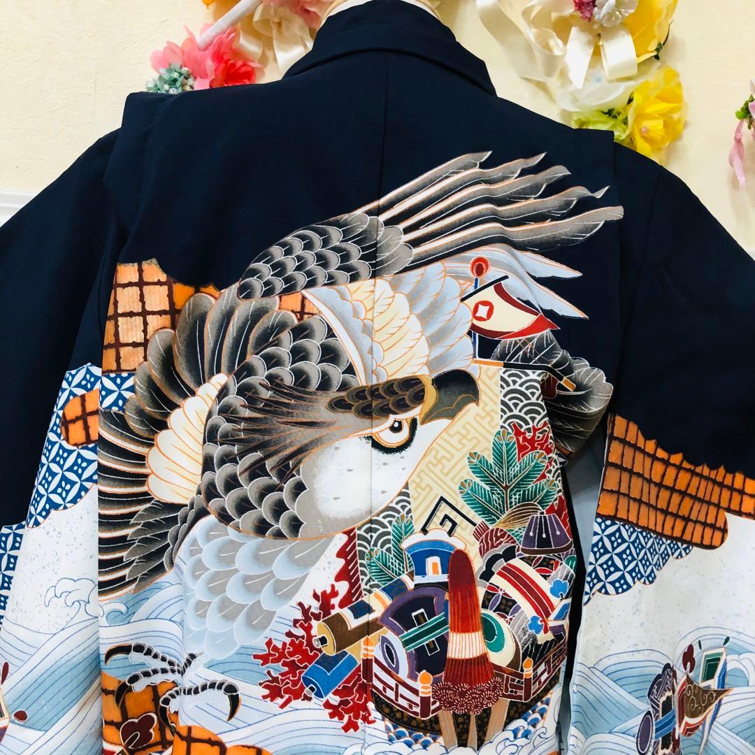 七五三五歳フルセット‼️黒地暈し⭐︎鷹凛々しい⭐︎袴縞スタイルアップ⭐︎全てついてる安心