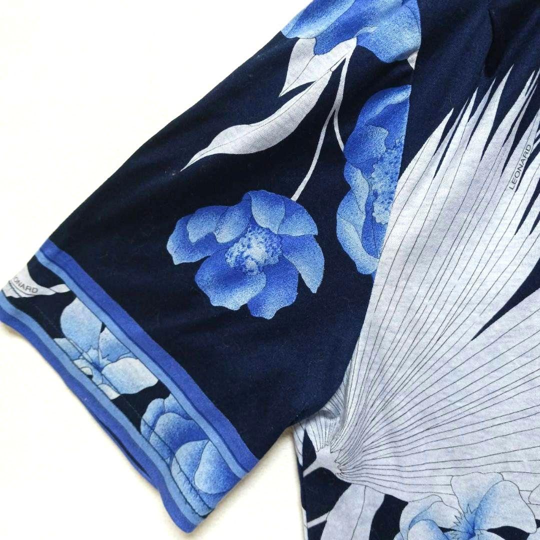 レオナール　半袖　カットソー　花柄　Tシャツ　綿　Mサイズ　濃い青