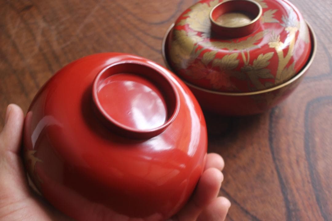 時代逸品！上質朱漆に極上牡丹蒔絵の映えるお椀2点（検輪島塗蒔絵椀吸い物椀