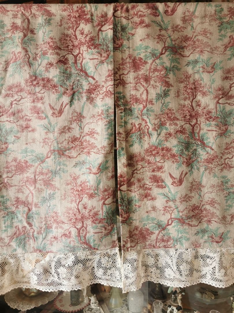 アンティーク 1880年代トワルドジュイ鳥達の森 ミラネーゼレース装飾カーテンβ