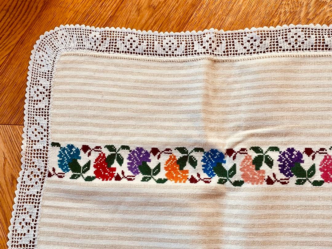 フランスアンティーク クロスステッチ コットンリネン ボーダー マルチクロス
