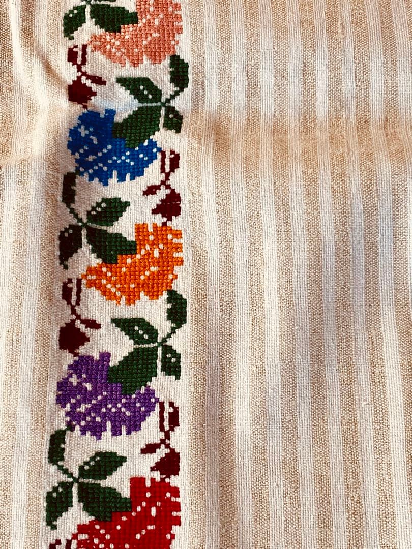 フランスアンティーク クロスステッチ コットンリネン ボーダー マルチクロス