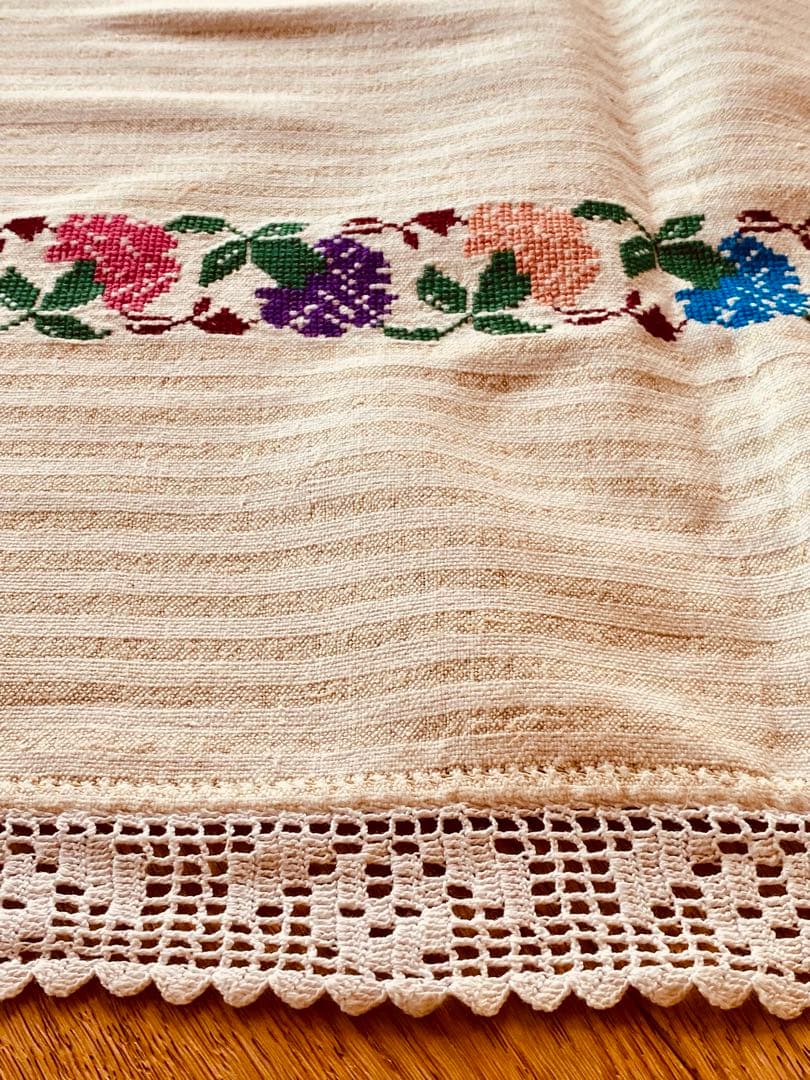 フランスアンティーク クロスステッチ コットンリネン ボーダー マルチクロス