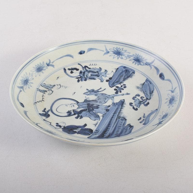 中国　天啓年製　青花　山水人物文盤　皿　V　R8823