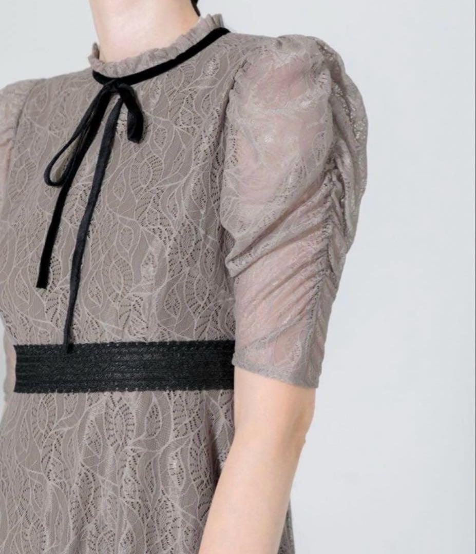 LEJA ウエストマークパフスリーブ総レースロングドレスワンピース グレー