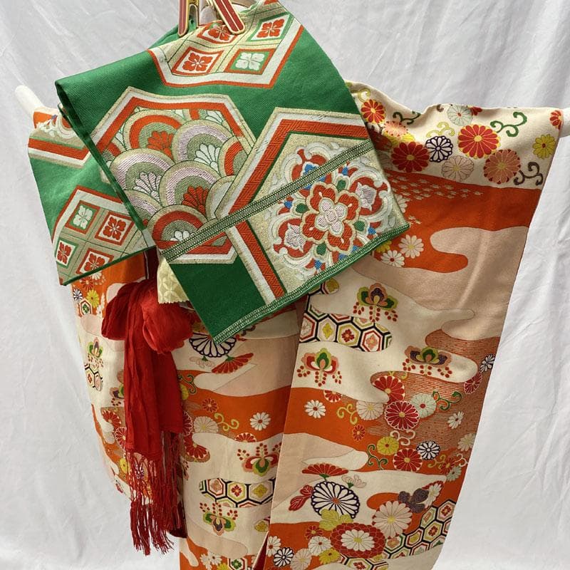 508ag48◎七五三 七歳 女児 アンティーク着物&袋帯&長襦袢 濃い朱色◎