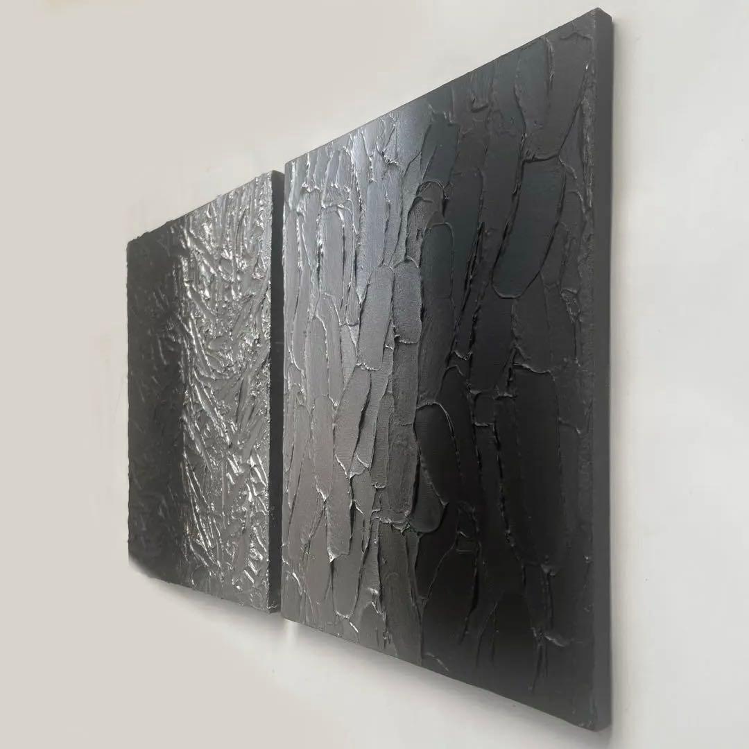 黒と銀の抽象画 二枚組｜F3サイズ｜ストリートアート　テクスチャーアート　絵画