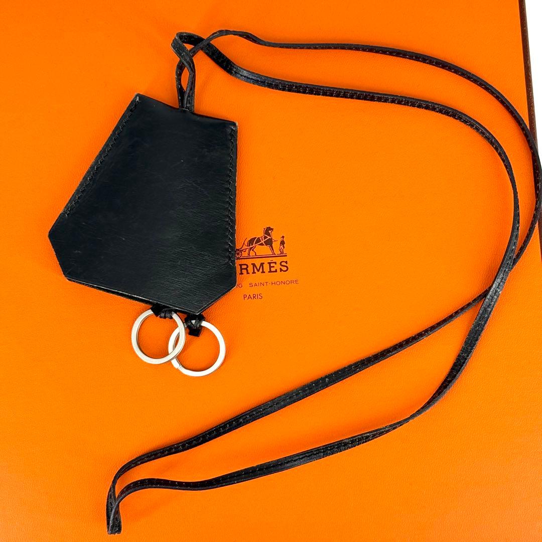 エルメス レザー クロシェット ネックストラップ ブラック 黒 キーリング