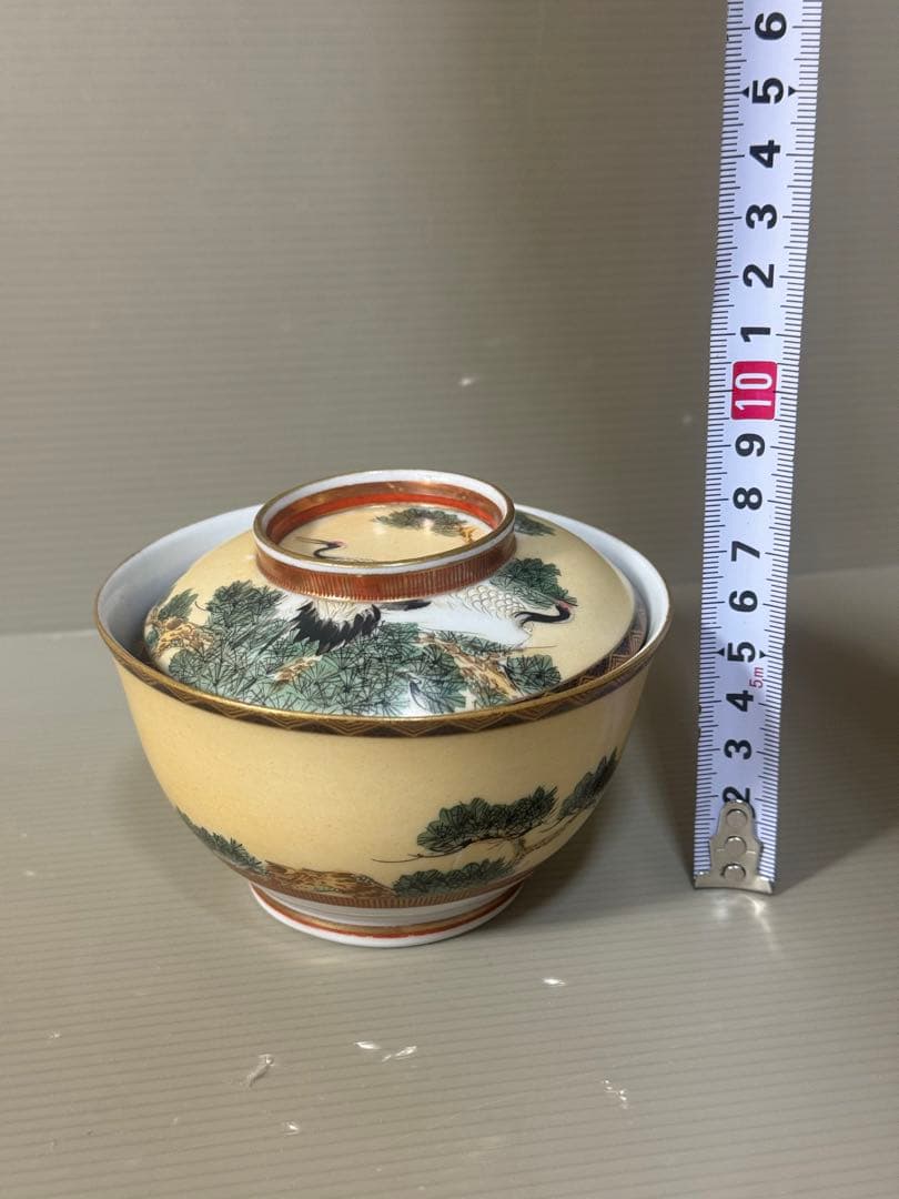 2573 九谷焼　松鶴　蓋付き碗　3客　時代物