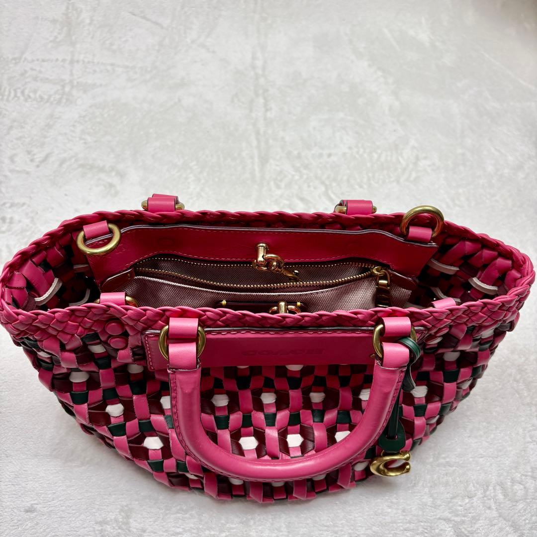 COACH コーチ ウーブントート ピンク 編み込みレザー かごバッグ