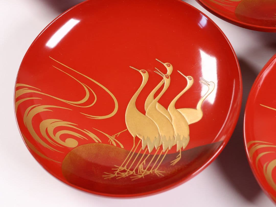 【CM373】時代木製漆器 光琳写 金蒔絵 群鶴図 朱塗 引盃 五客 小皿 杯