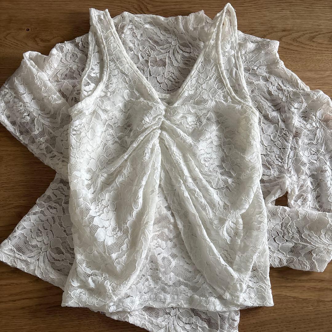 レースレイヤードハイネックトップス　poppy 白
