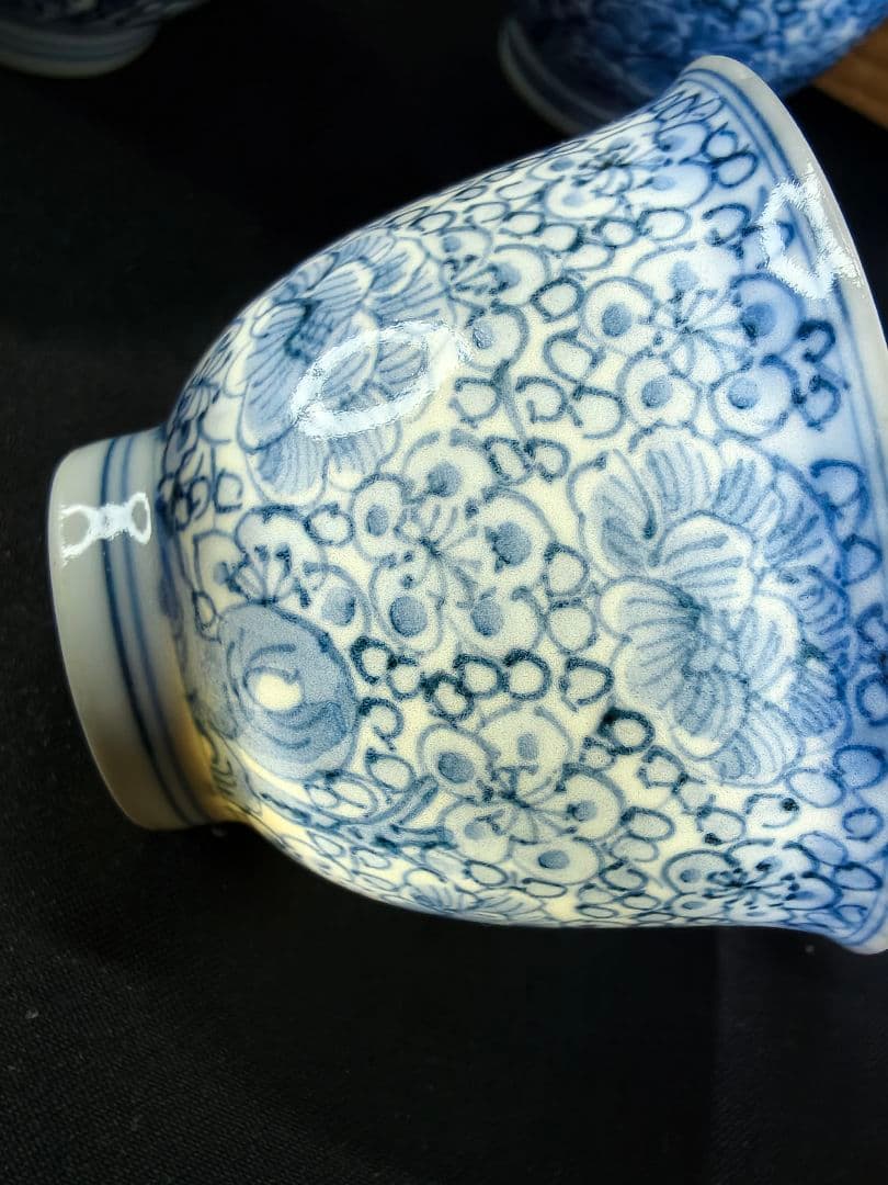 煎茶道具 京焼/清水焼 平安吉兆 染付薄手玉露茶器 手書き花文 共箱 舟型湯冷し