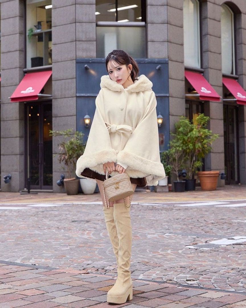 シェリミー フード付き リボン ポンチョコート ホワイト