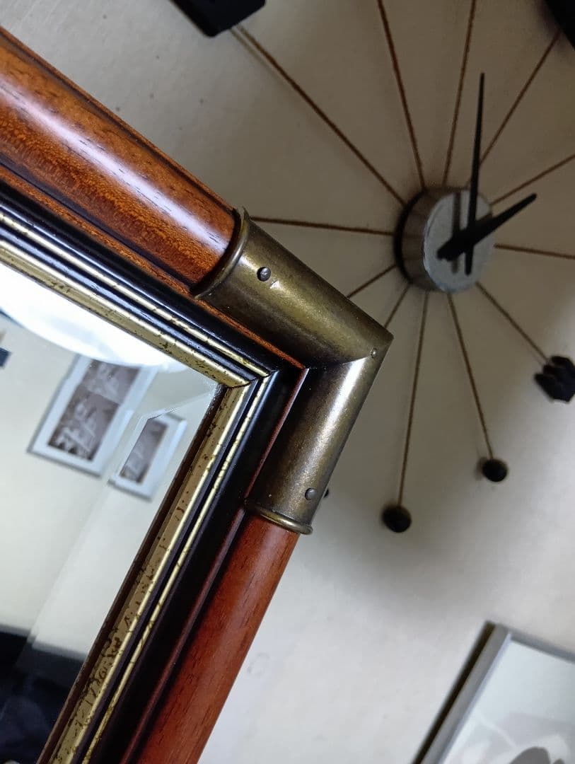 イタリア製　ウォールナット　ブラス　真鍮　金具　ビンテージ　ウォールミラー　姿見