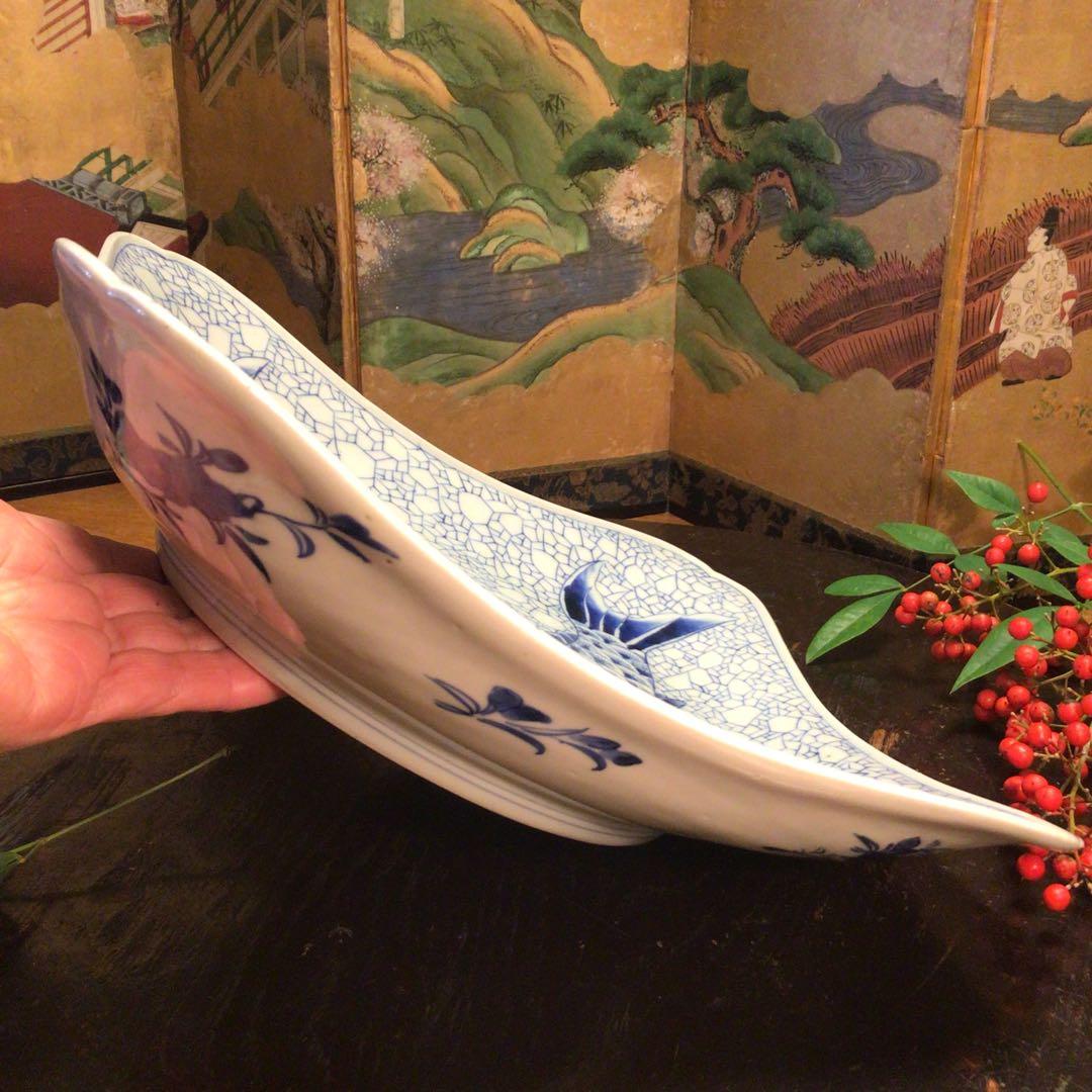 A893 古伊万里　染付　鯉に氷烈紋様　隅入角皿　1尺