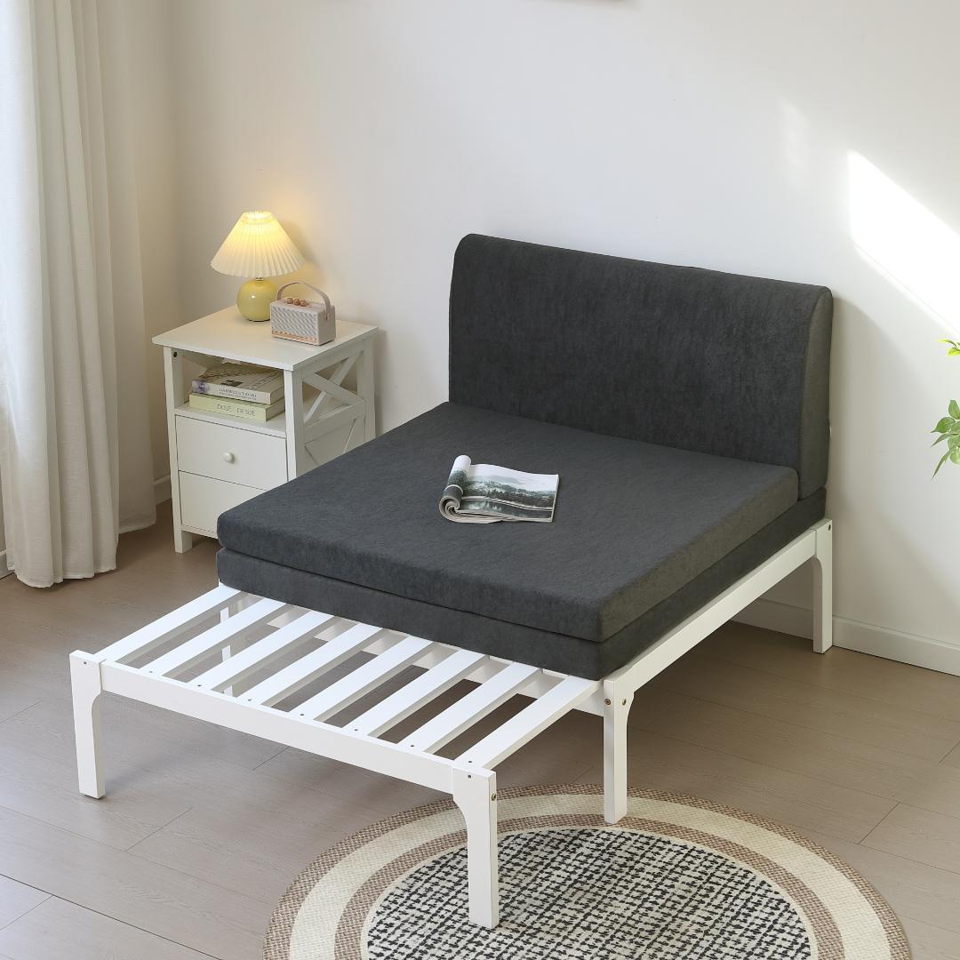 タイムセール！ソファベッド【ダークグレーマット付き】　長さは調節可能　WHITE