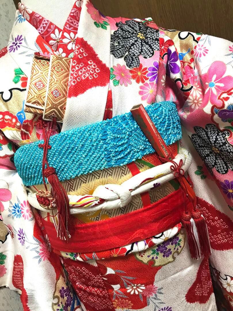 七五三7歳着物セット　正絹　絞り入り　可愛い和花　蝶❤️髪飾り　バック