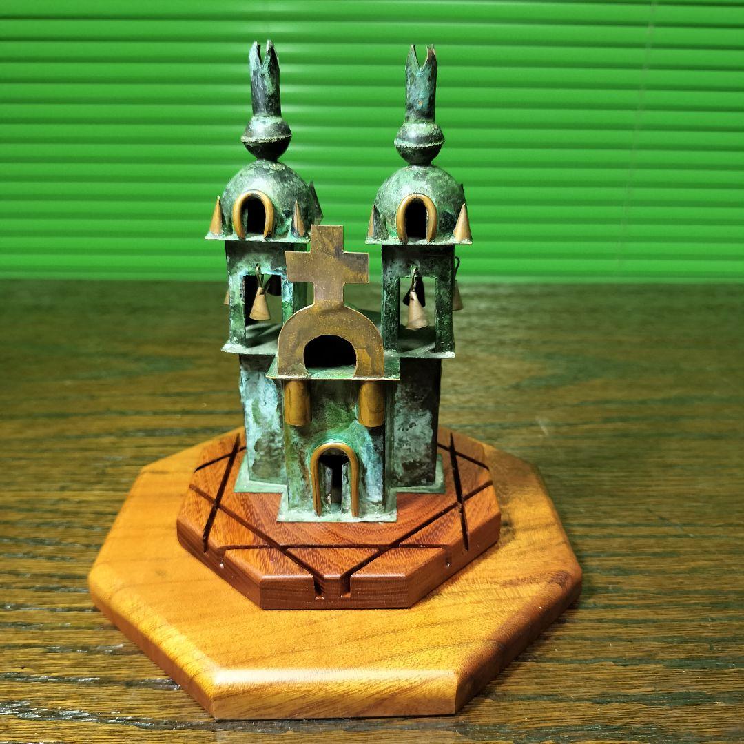 十字架悠久の祈りペルー土産教会銅板細工ガラスドーム欅板台希少玄関飾り