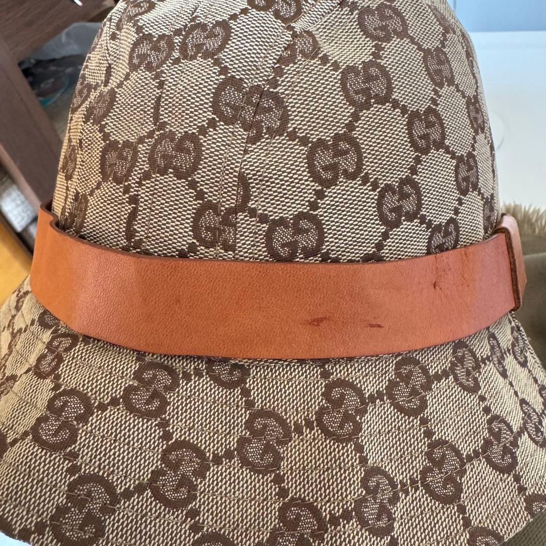 GUCCI グッチ GGキャンバス バケットハット レザーリボン付き Mサイズ