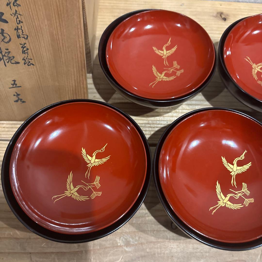 松花堂写 吸物椀 五客 鳳凰蒔絵 松美堂造（大阪 淀屋橋）共箱付き 茶道具