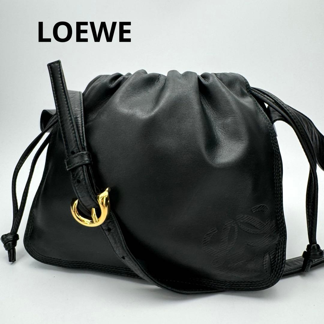 ロエベ アナグラム フラメンコ ナッパ レザー 巾着 ショルダーバッグ 黒緑