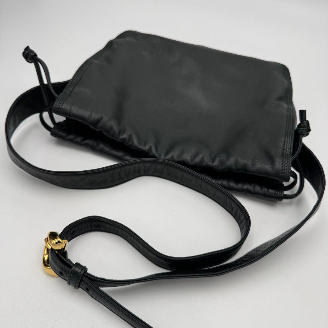 ロエベ アナグラム フラメンコ ナッパ レザー 巾着 ショルダーバッグ 黒緑