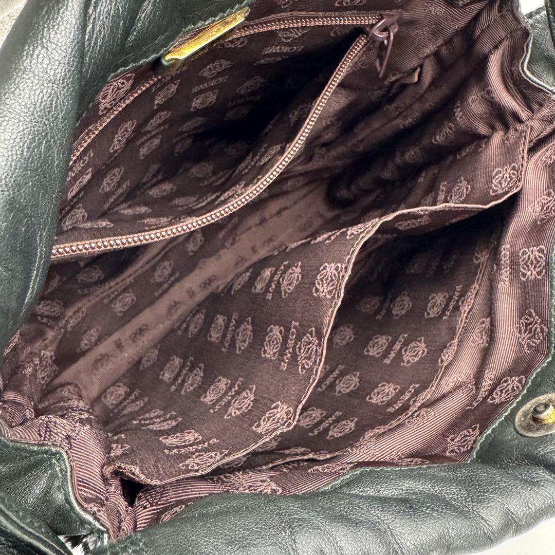 ロエベ アナグラム フラメンコ ナッパ レザー 巾着 ショルダーバッグ 黒緑