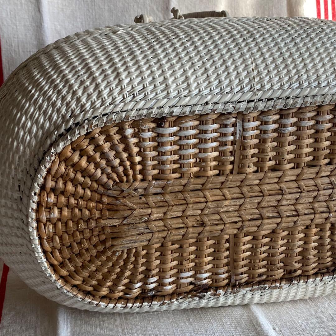 フランス　アンティークパニエ　プロヴァンスプリント　白いかご　ラタンバスケット