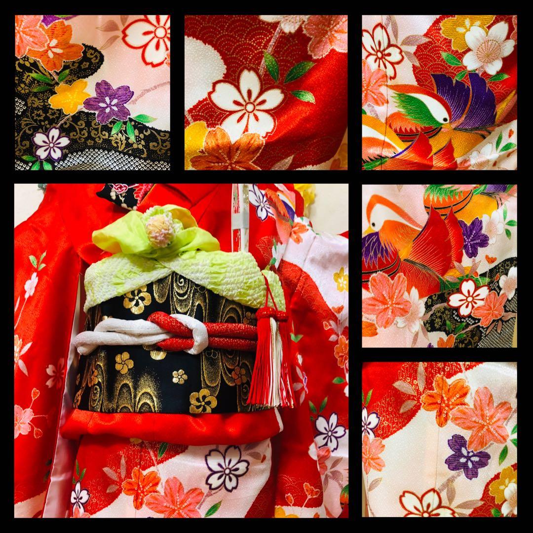 七五三7歳❣️人気赤地黒ぼかし柄❣️古典柄鴛鴦花々金彩煌びやか際立つ完全フルセット❣️
