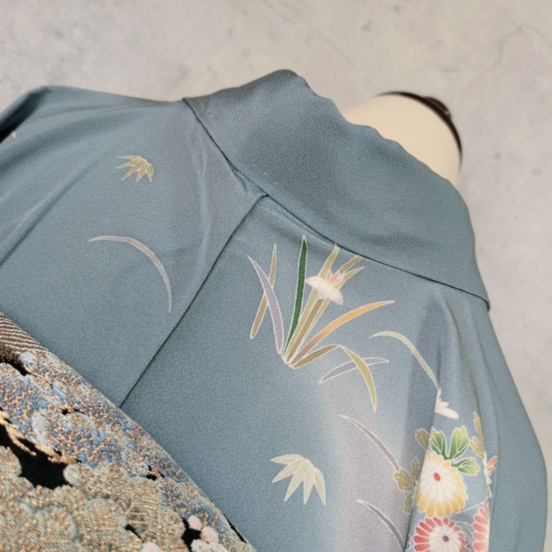 訪問着　フルセット　着物　友禅　正絹　青　茶屋辻　花　祝い事　優美　D2