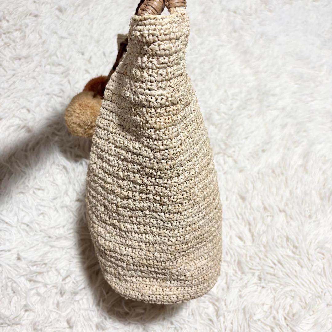 美品 収納袋付き ヘレンカミンスキー ラフィア カゴバッグ ポンポン 本革