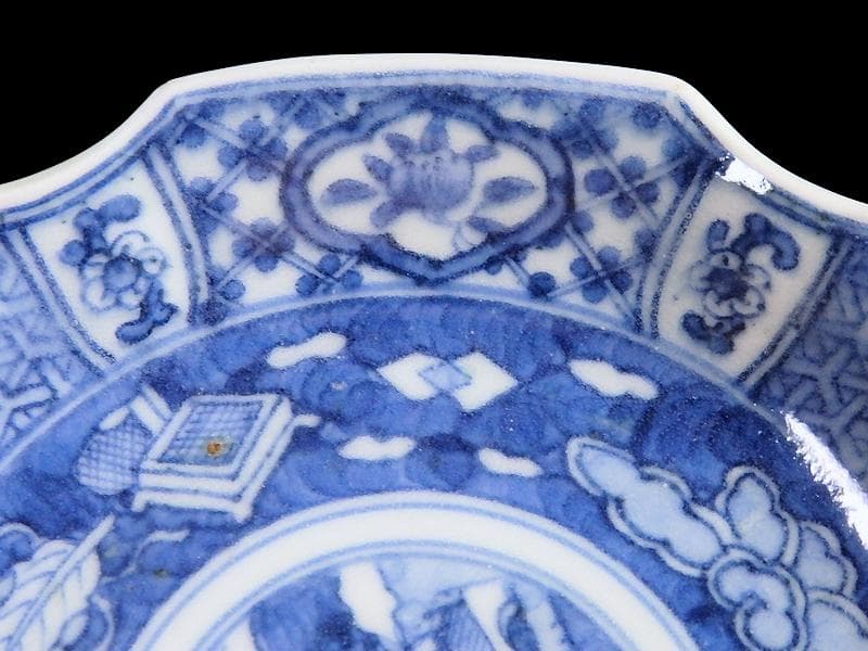 古伊万里　染付　吉祥紋に山村の図　六角豆皿　AS-DBe