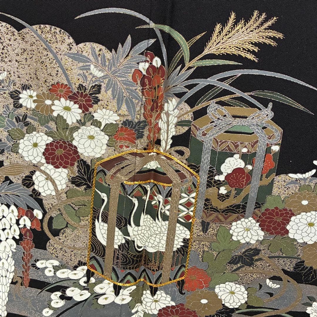 D126 黒留袖 金駒刺繍 鶴 花模様 正絹 着物 袷 しつけ糸付き未使用極美品