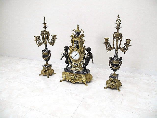 【美品】イタリア製 ランチーニ 天使/ブロンズ/黒大理石 燭台1対＋置時計セット