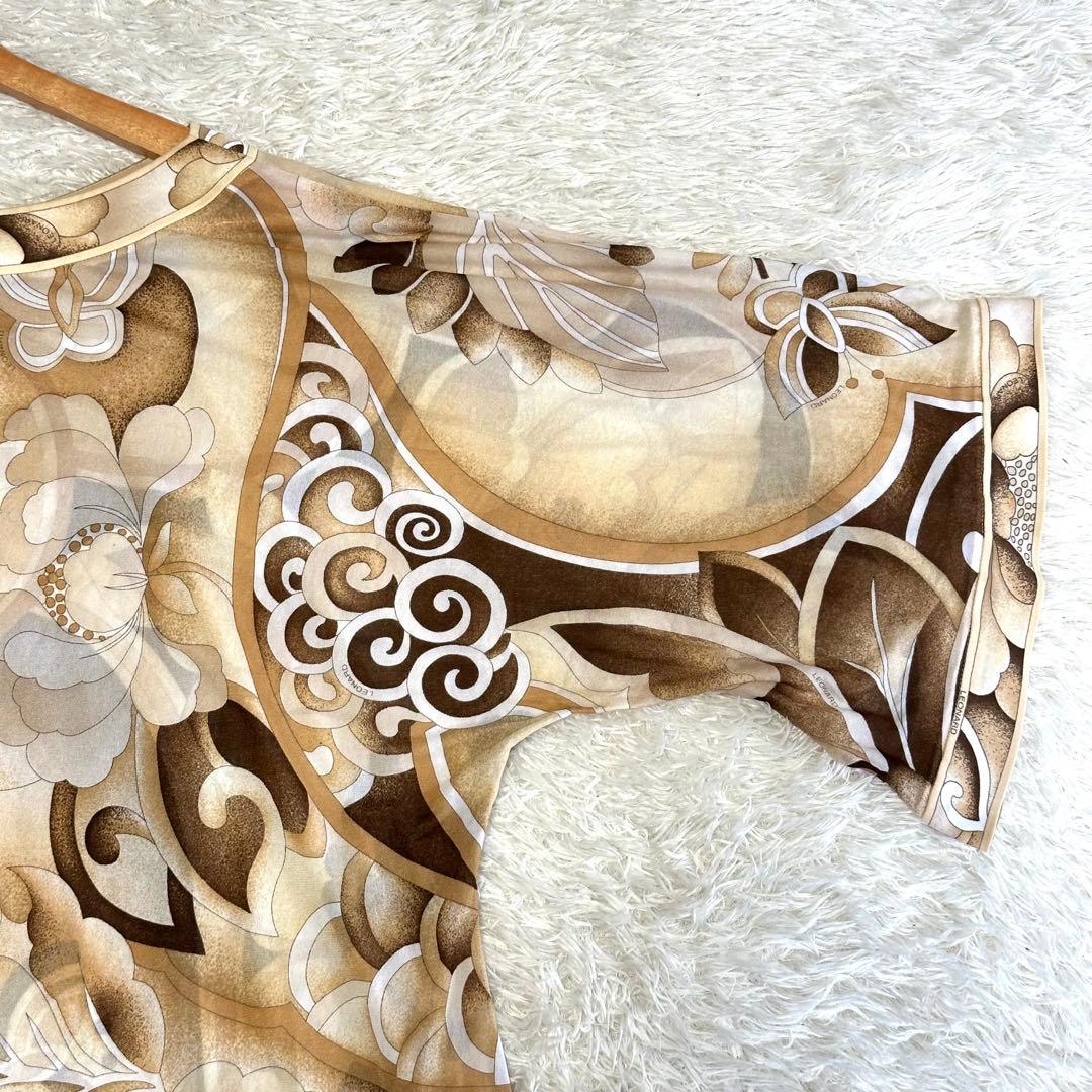 【美品】レオナール トップス カンカン素材 花柄 総柄 ブラウン系 L