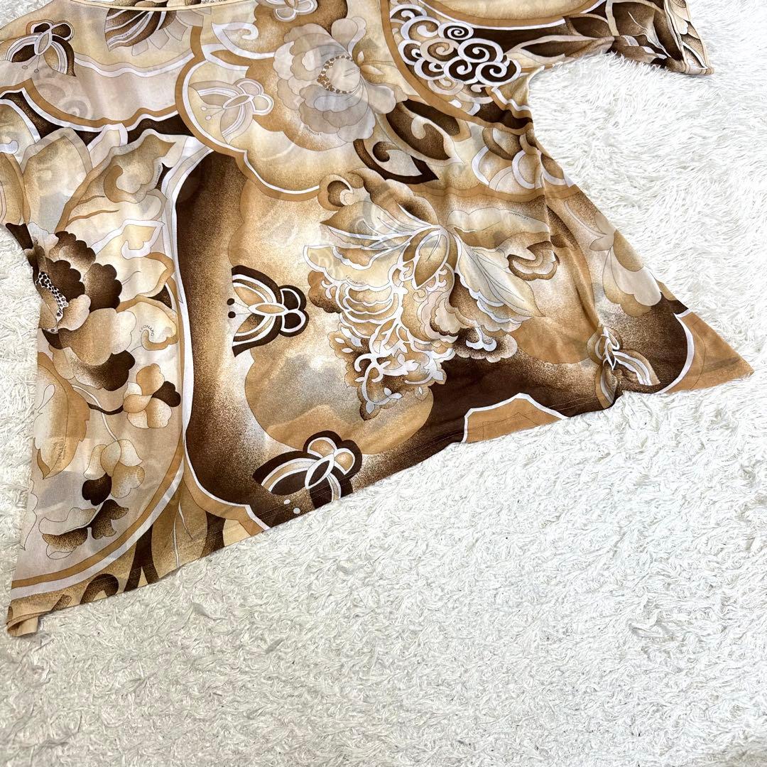 【美品】レオナール トップス カンカン素材 花柄 総柄 ブラウン系 L